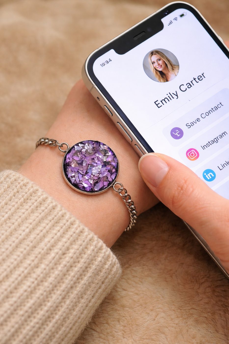 Phone tapped to Coastify bracelet showing digital profile